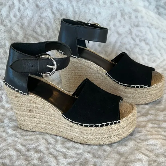 Marc Fisher LTD Alida Espadrille Wedge Black Tan Leather Suede Wedge✨EUC✨ size 7