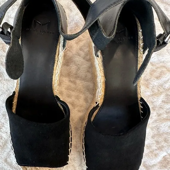 Marc Fisher LTD Alida Espadrille Wedge Black Tan Leather Suede Wedge✨EUC✨ size 7