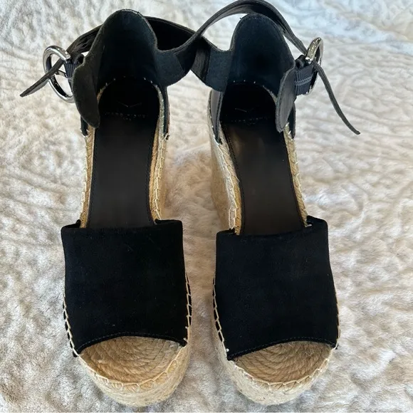 Marc Fisher LTD Alida Espadrille Wedge Black Tan Leather Suede Wedge✨EUC✨ size 7
