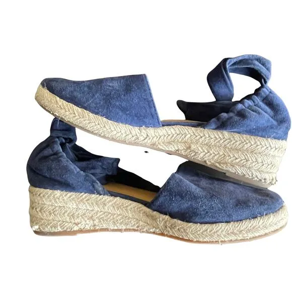 Marc Fisher LTD Navy Espadrille Baylee Suede Wedges Strappy Wrap Tie 6.5M