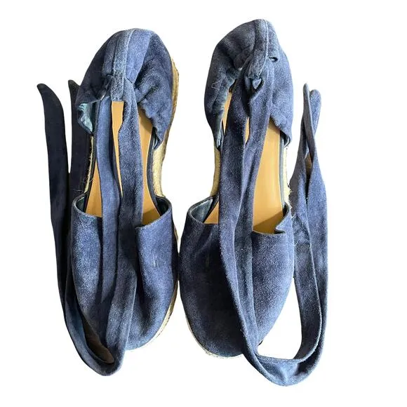 Marc Fisher LTD Navy Espadrille Baylee Suede Wedges Strappy Wrap Tie 6.5M
