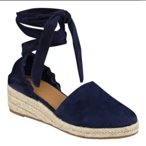 Marc Fisher LTD Navy Espadrille Baylee Suede Wedges Strappy Wrap Tie 6.5M