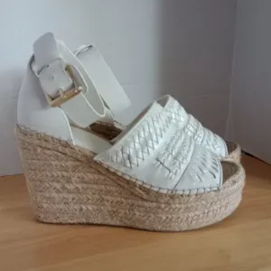 Marc Fisher LTD White Woven Leather Espadrille Platform Wedge Sandals Size 8
