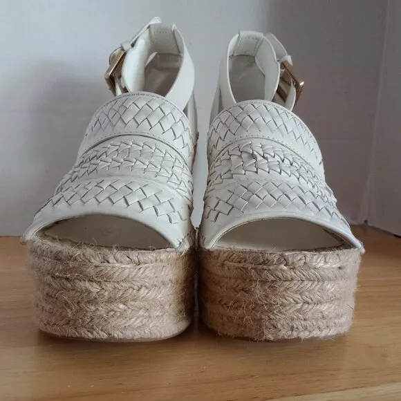 Marc Fisher LTD White Woven Leather Espadrille Platform Wedge Sandals Size 8