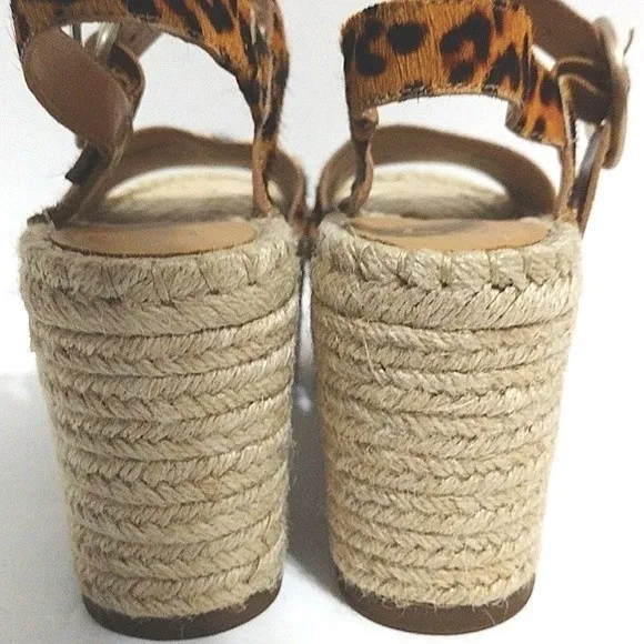 Marc Fisher Rexly Real Fur Leopard Leather Strap Espadrille Platform Sandals 6.5
