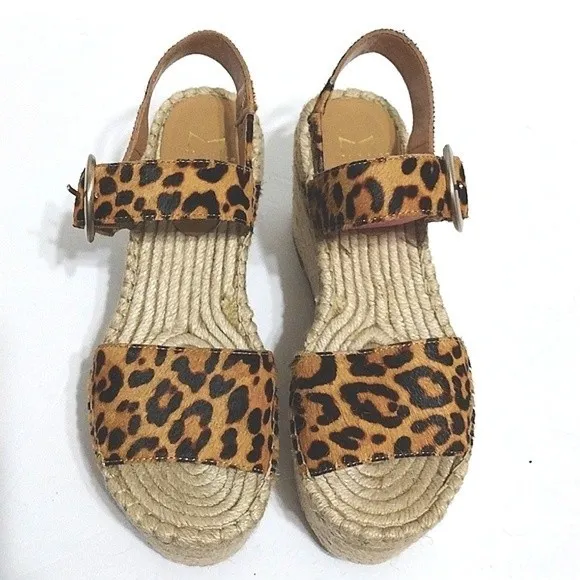 Marc Fisher Rexly Real Fur Leopard Leather Strap Espadrille Platform Sandals 6.5
