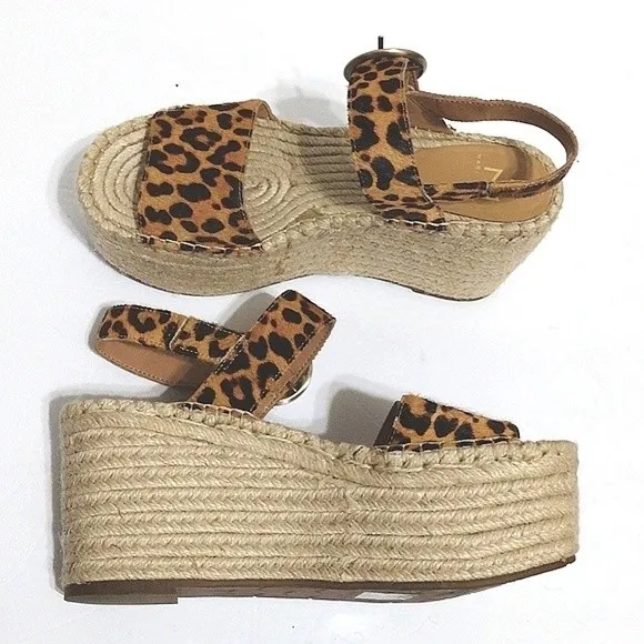Marc Fisher Rexly Real Fur Leopard Leather Strap Espadrille Platform Sandals 6.5
