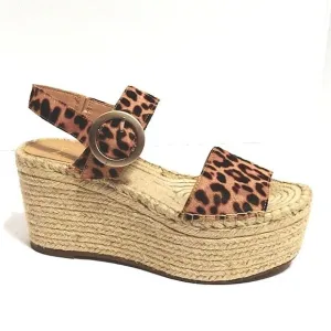 Marc Fisher Rexly Real Fur Leopard Leather Strap Espadrille Platform Sandals 6.5