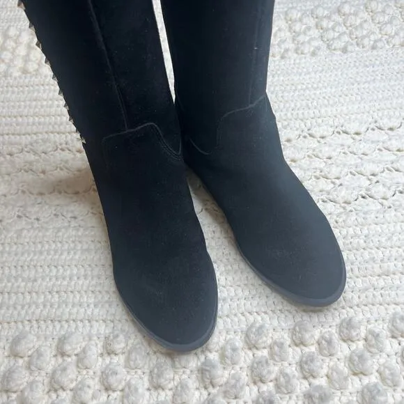MARC FISHER Women's 8.5 Secrit Tall Shaft Boots Studded Suede Leather Flat Black