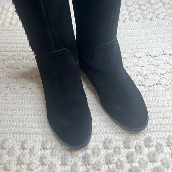 MARC FISHER Women's 8.5 Secrit Tall Shaft Boots Studded Suede Leather Flat Black