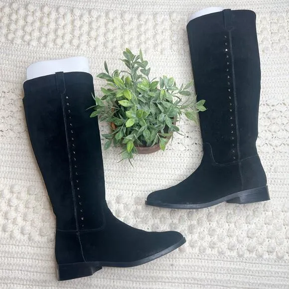 MARC FISHER Women's 8.5 Secrit Tall Shaft Boots Studded Suede Leather Flat Black