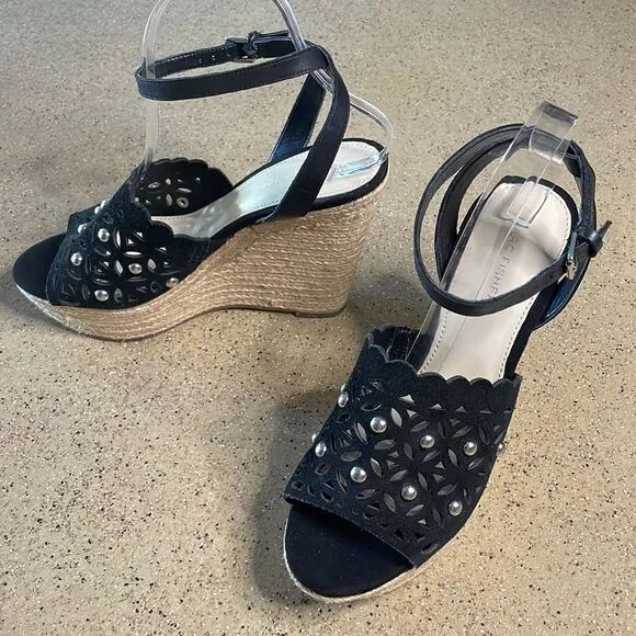 Marc Fisher &quot;Hata&quot; Espadrille Wedge Studded Sandals Black Suede sz 8