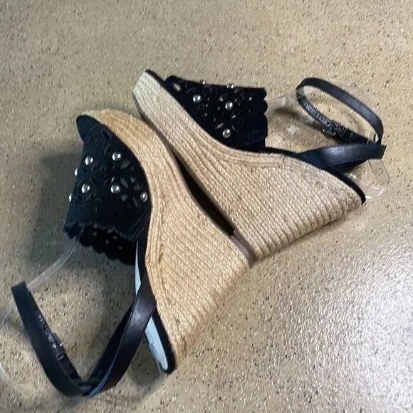 Marc Fisher &quot;Hata&quot; Espadrille Wedge Studded Sandals Black Suede sz 8