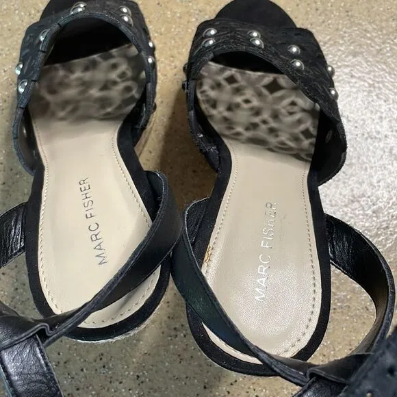 Marc Fisher &quot;Hata&quot; Espadrille Wedge Studded Sandals Black Suede sz 8