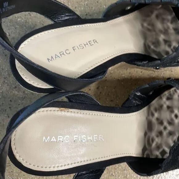 Marc Fisher &quot;Hata&quot; Espadrille Wedge Studded Sandals Black Suede sz 8