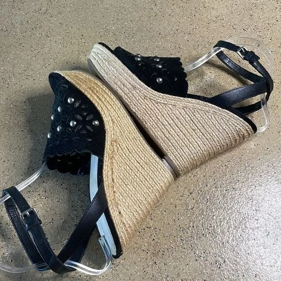 Marc Fisher &quot;Hata&quot; Espadrille Wedge Studded Sandals Black Suede sz 8