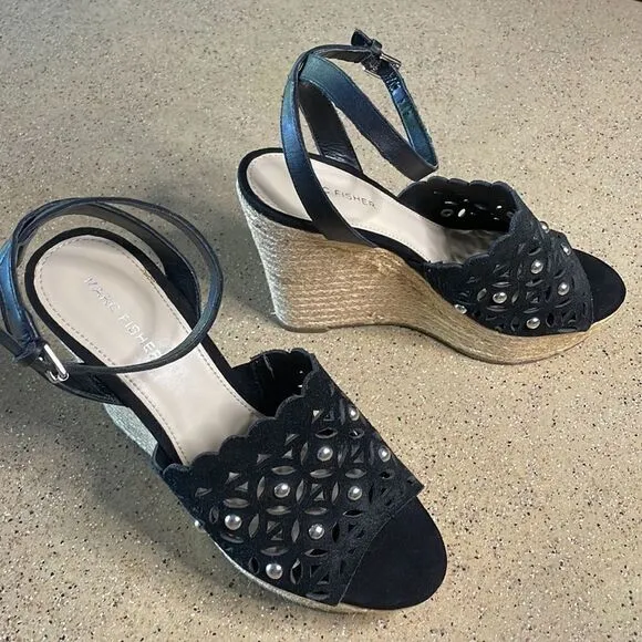 Marc Fisher &quot;Hata&quot; Espadrille Wedge Studded Sandals Black Suede sz 8