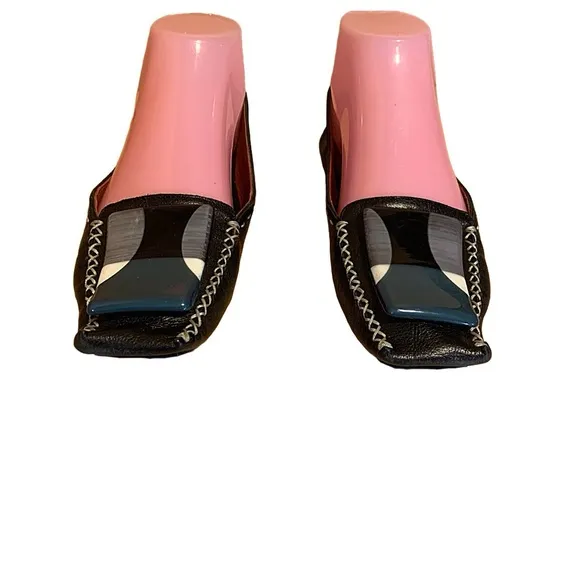 MARC JACOBS BLACK LEATHER DRIVING LOAFER SHOES WITH TEAL &amp; CREAM DECOR (36.5)