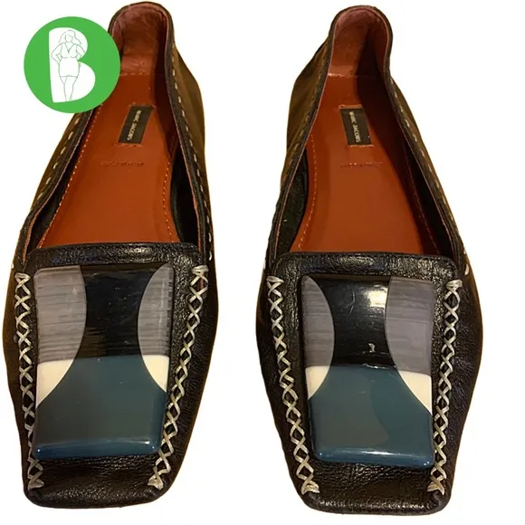 MARC JACOBS BLACK LEATHER DRIVING LOAFER SHOES WITH TEAL &amp; CREAM DECOR (36.5)