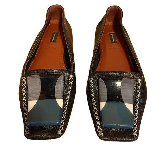 MARC JACOBS BLACK LEATHER DRIVING LOAFER SHOES WITH TEAL &amp; CREAM DECOR (36.5)