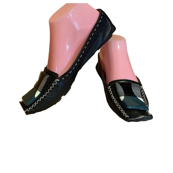 MARC JACOBS BLACK LEATHER DRIVING LOAFER SHOES WITH TEAL &amp; CREAM DECOR (36.5)