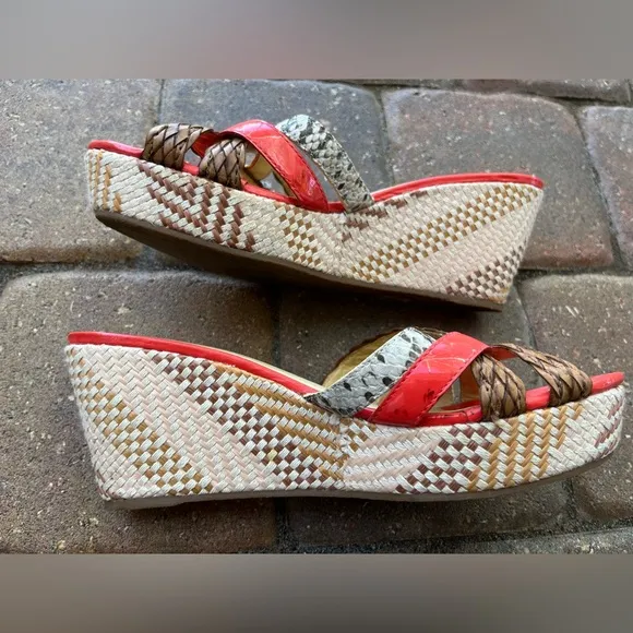 Marc Joseph coral and Brown Wedges with Braided Straps