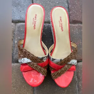 Marc Joseph coral and Brown Wedges with Braided Straps