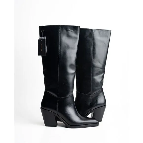 Massimo Dutti Knee High Boots Heeled Leather Black EU 38 US 7.5 1062/250 NWT