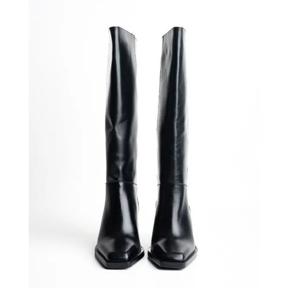 Massimo Dutti Knee High Boots Heeled Leather Black EU 38 US 7.5 1062/250 NWT