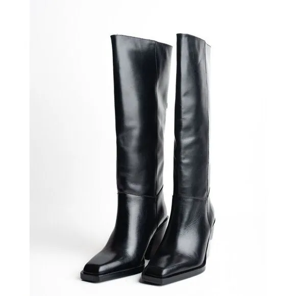 Massimo Dutti Knee High Boots Heeled Leather Black EU 38 US 7.5 1062/250 NWT