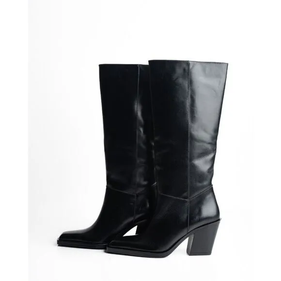 Massimo Dutti Knee High Boots Heeled Leather Black EU 38 US 7.5 1062/250 NWT