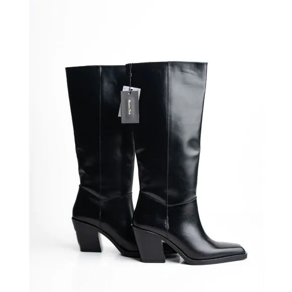 Massimo Dutti Knee High Boots Heeled Leather Black EU 40 US 9 1062/250 NWT