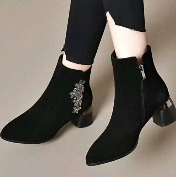 Matte Suede Short Boots For Women, Mid Heel Thick Heel Soft Leather Shoes