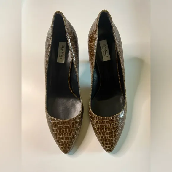 Max Mara Shoes Pumps Almond Toe Embossed Leather Brown Size 7