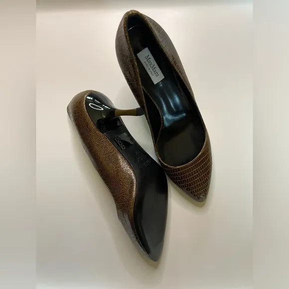 Max Mara Shoes Pumps Almond Toe Embossed Leather Brown Size 7