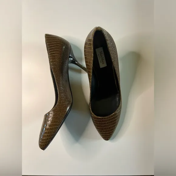 Max Mara Shoes Pumps Almond Toe Embossed Leather Brown Size 7