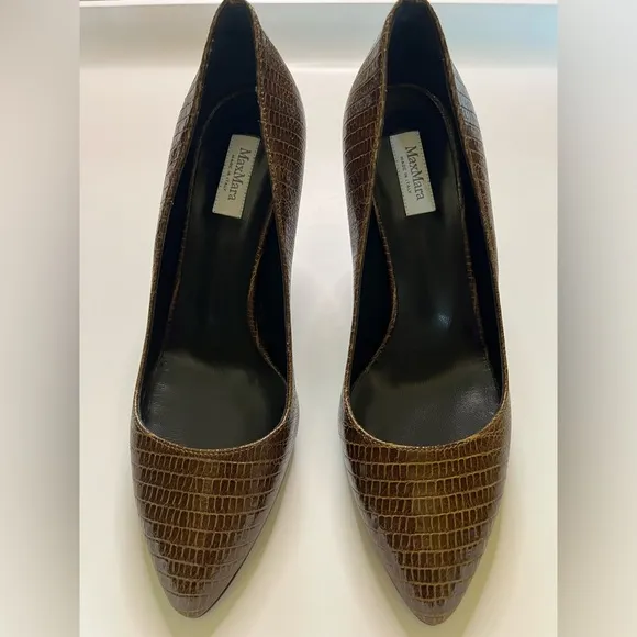Max Mara Shoes Pumps Almond Toe Embossed Leather Brown Size 7