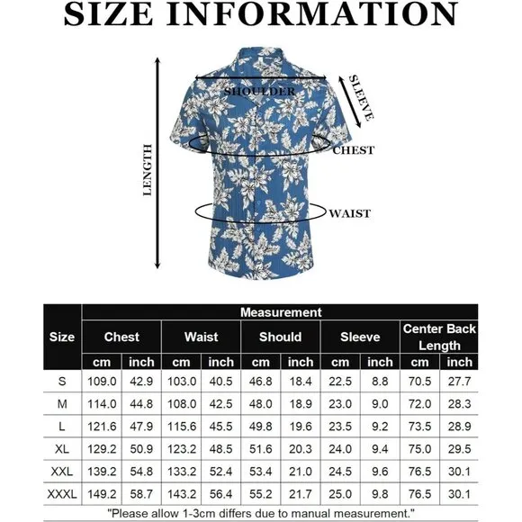Men's Blue-white Flower Casual Short Sleeve Button Down Textured Beach Shirts