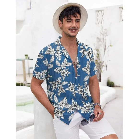 Men's Blue-white Flower Casual Short Sleeve Button Down Textured Beach Shirts