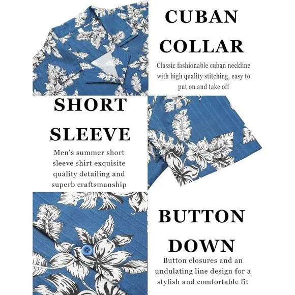 Men's Blue-white Flower Casual Short Sleeve Button Down Textured Beach Shirts