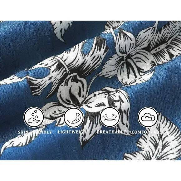 Men's Blue-white Flower Casual Short Sleeve Button Down Textured Beach Shirts