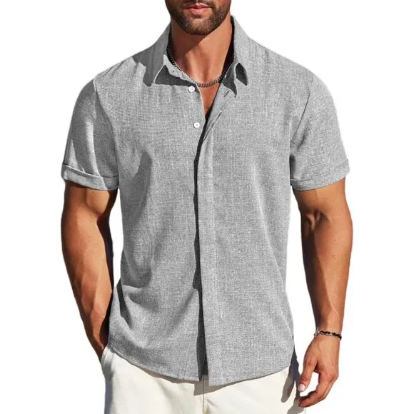 Men's Light Grey Linen Short Sleeve Button Down Casual Shirt Business