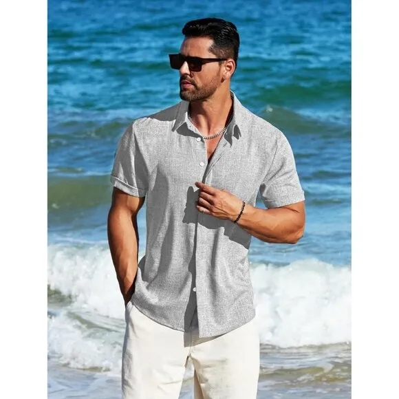 Men's Light Grey Linen Short Sleeve Button Down Casual Shirt Business