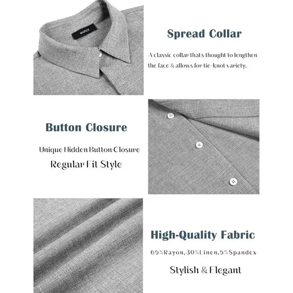 Men's Light Grey Linen Short Sleeve Button Down Casual Shirt Business