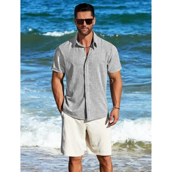 Men's Light Grey Linen Short Sleeve Button Down Casual Shirt Business