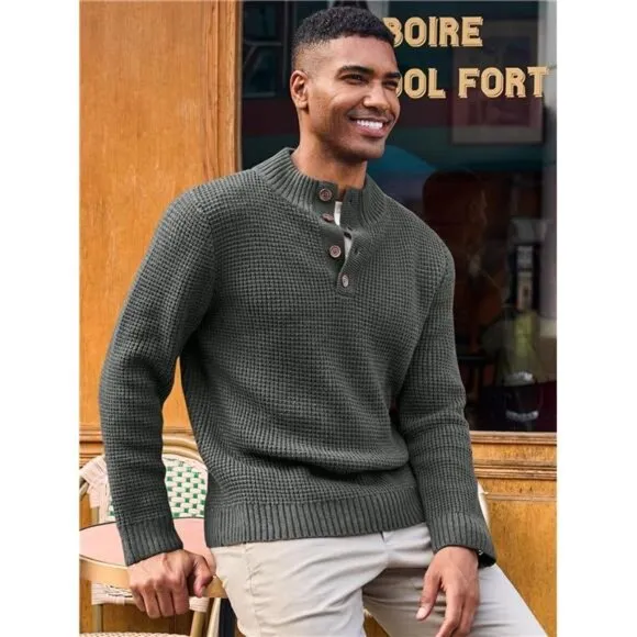 Men's Pullover Sweater Waffle Knitted Quarter Button Sweater Stand, Dark Gray