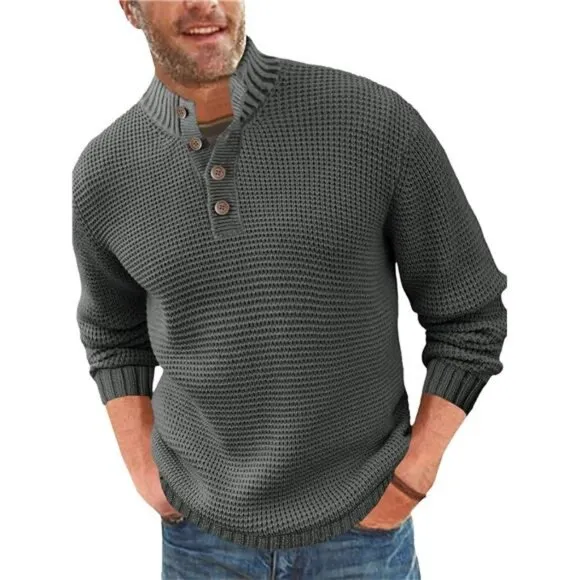 Men's Pullover Sweater Waffle Knitted Quarter Button Sweater Stand, Dark Gray