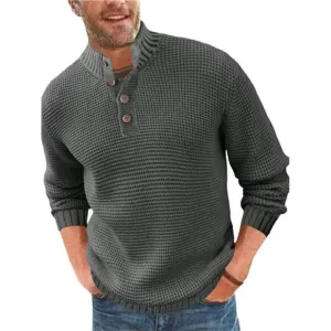 Men's Pullover Sweater Waffle Knitted Quarter Button Sweater Stand, Dark Gray