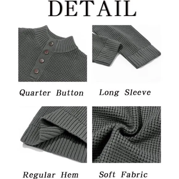 Men's Pullover Sweater Waffle Knitted Quarter Button Sweater Stand, Dark Gray