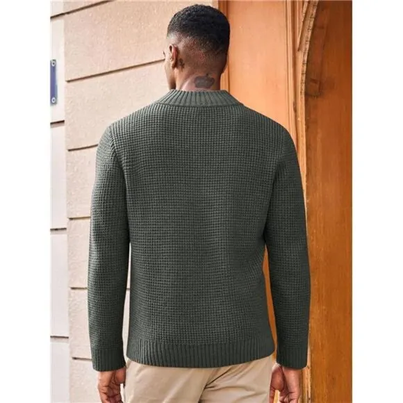 Men's Pullover Sweater Waffle Knitted Quarter Button Sweater Stand, Dark Gray